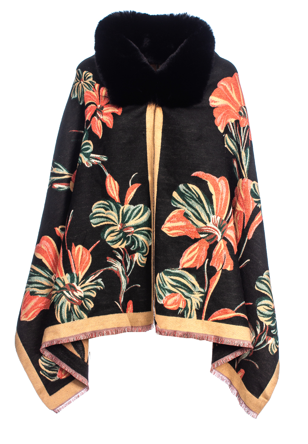 MANTELLA JACQUARD DIS. FLOREALE COLLO PELLICCIA SINTETICA 100%VI MADE IN PRC